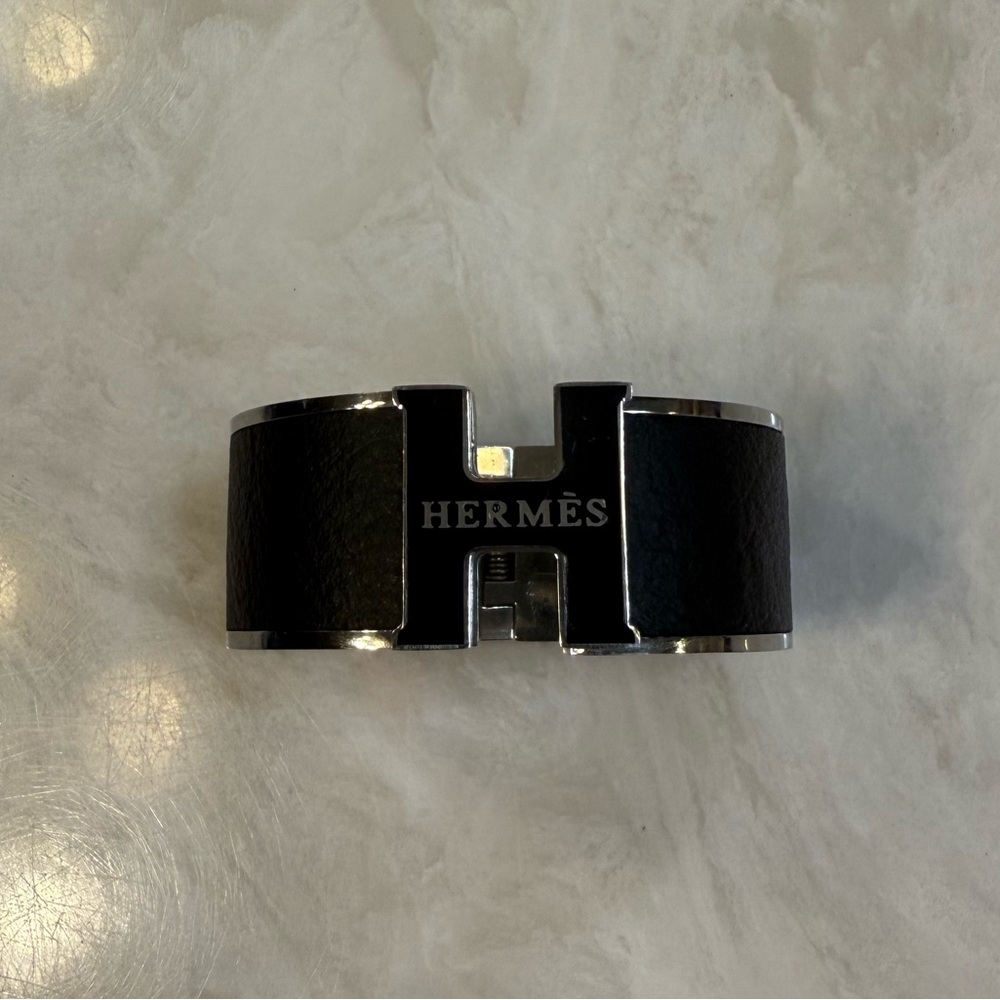 Designer Inspired Hermes Black Leather Silver Plated Cuff Bracelet